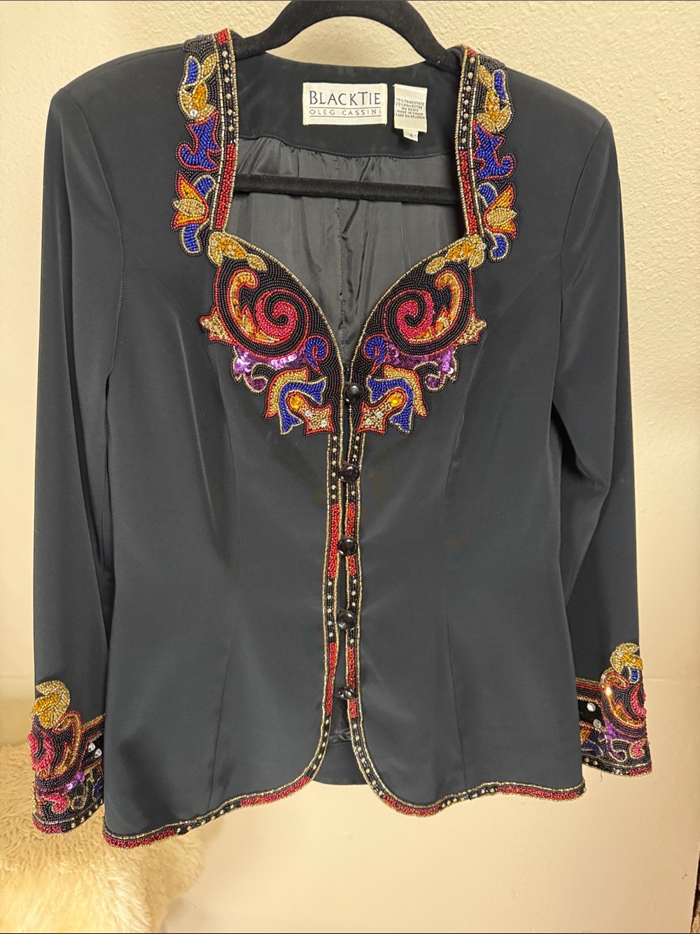 Vintage BLACK TIE OLEG CASSINI Beaded Jacket Size 8